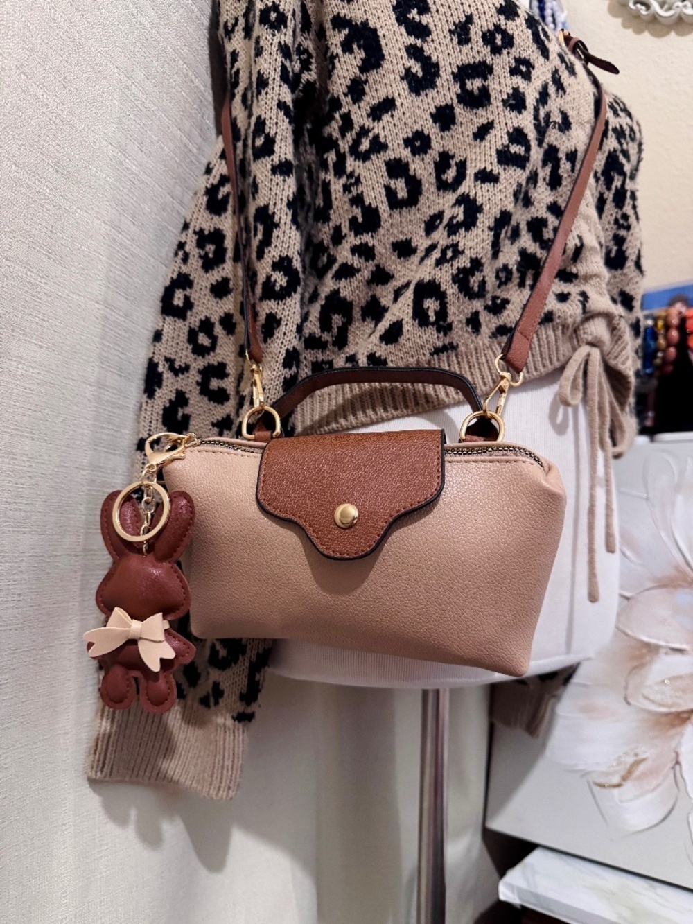 Stella Tan Beige Mini Crossbody Bag w/ Brown Faux Leather Trim & Bunny Charm